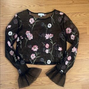 Ten Sixty Sherman Black Sheer Top with Pink Floral Embroidery